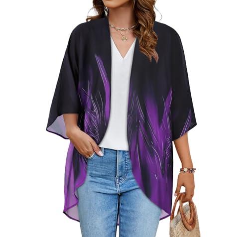 Women's Floral Kimono Print Puff Sleeve Loose Cardigan Cover Up Casual Blouse Tops (Turbo Purple Black, 2XL)