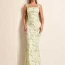 EYNMIN Women's Summer Floral Maxi Dress Square Neck Sleeveless Mesh Bodycon Long Wedding Guest Dresses (Green, XL)