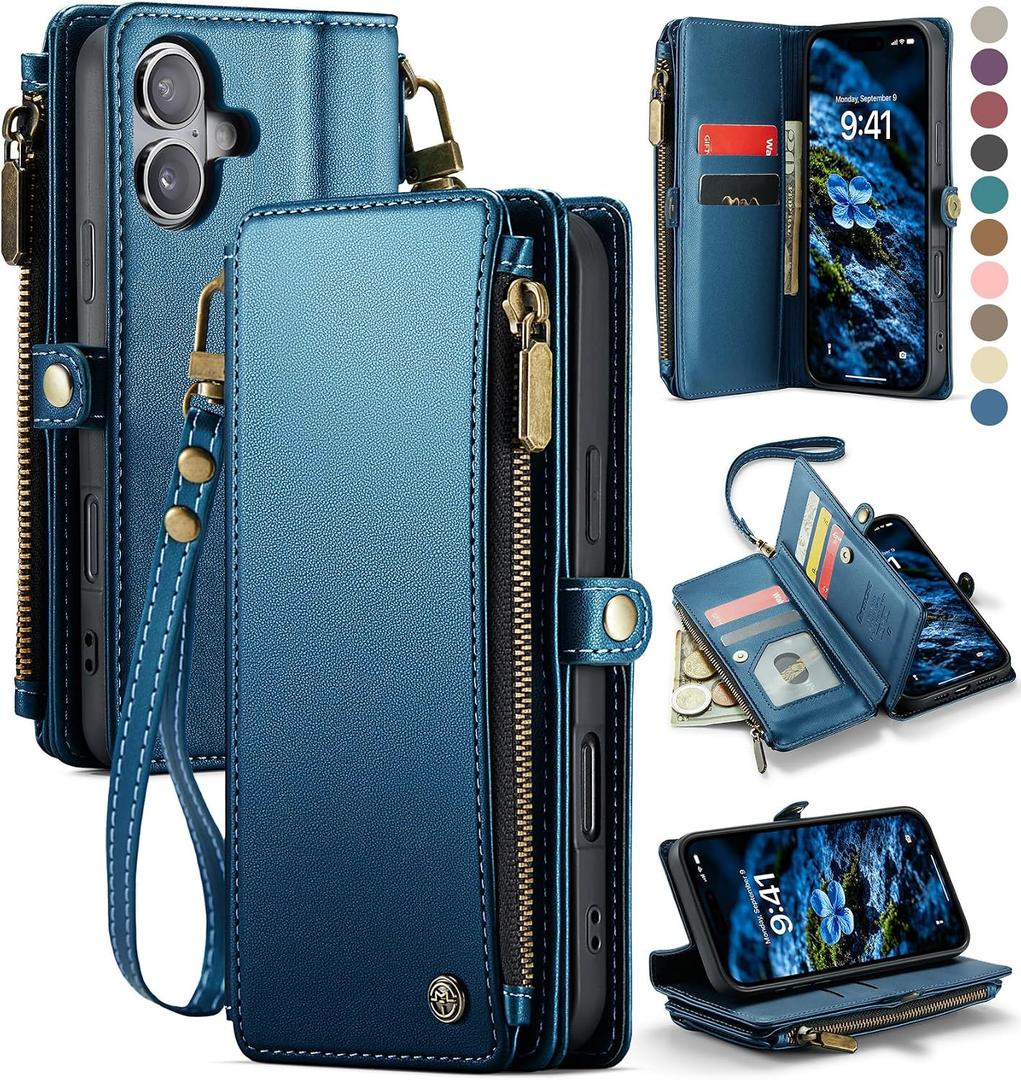 Defencase Compatible with iPhone 16 Case Wallet with RFID Blocking Card Holder for Women and Men, Fashion PU Leather Magnetic Snap Flip Zipper Strap Wallet Phone Case for iPhone 16 6.1", Dark Blue