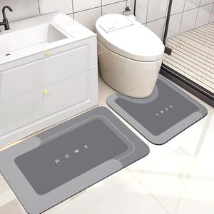 Housego 2PCS Absorbent Bath Mat Magic Rug Sets, Quick Drying Bath Mat Non-Slip Floor Rug Rubber Backed for Bathroom Kitchen Shower Sink, Water Absorbent (19.7''x23.6''+19.7''x31.9'', Dark Gray)