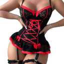 Mixxmix Lingerie Sets for Women Sexy Rave Outfits Lace Up Corset Bodysuit with Garter 2 Piece (Black, XL)