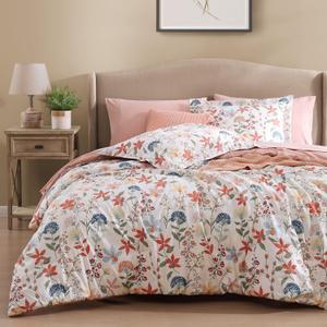 CASAAGUSTO Queen Comforter Set, 7 Pieces Bed in a Bag Queen Clay Pink Floral Comforter Set with Flowers Leaves Pattern, Soft Seersucker Design All Season Queen Size Bedding Set