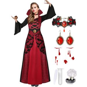 Vampire Costume for Women with teeth Accessories Gothic Vampire Dress Halloween Witch Costume Adult (Medium, Red)