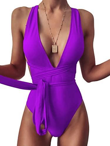 Lilosy Sexy Tie Criss Cross Plunge One Piece Thong Swimsuit High Cut Brazilian Bathing Suit, Size XL