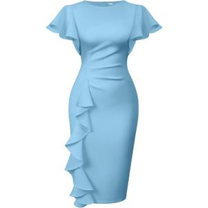 Memoriesea Women's Vintage Church Ruffle Sleeve Ruched Bodycon Work Midi Pencil Dress (Medium, Light Blue) Memoriesea Women's Vintage Church Ruffle Sleeve Ruched Bodycon Work Midi Pencil Dress (Medium, Light Blue)