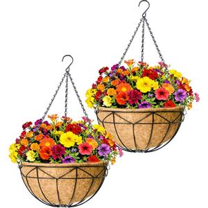 2 Pack 12" Round Metal Hanging Basket for Outdoor Plants Durable Large Hanging Planter with Coco Coir Round Plant Holders Planter for Outside Garden Decoration (Geometric)