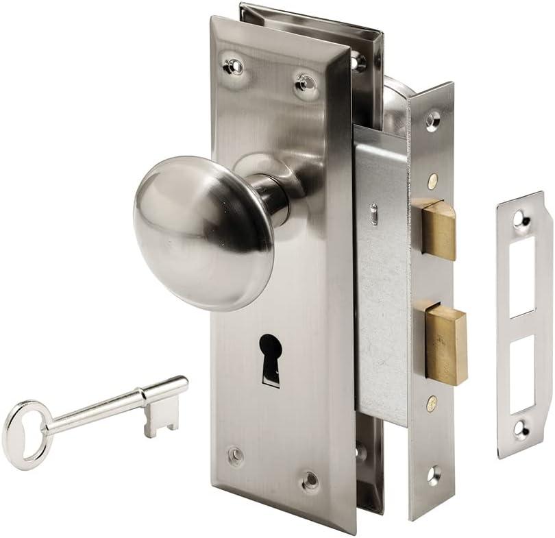 Prime-Line E 2330 Mortise Keyed Lock Set with Satin Nickel Knob Perfect for Replacing Broken Antique Lock Sets and More, Fits 1-3/8 In.-1-3/4 In. Interior Doors, Satin Nickel (Single Pack)