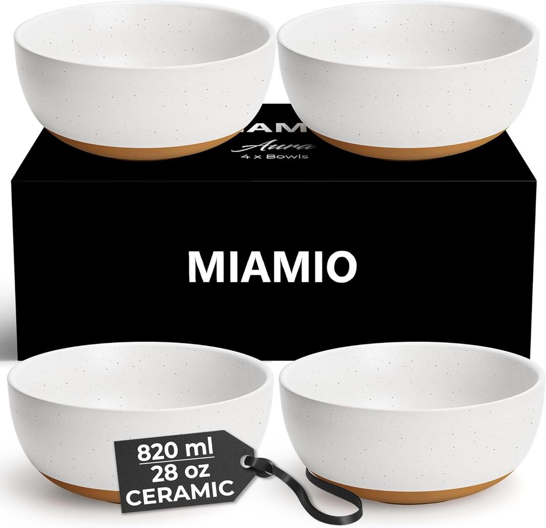 MIAMIO Set of 4, 28 Ounce Ceramic Soup Bowls/Cereal Bowl Set for Salad, Oatmeal, Fruit, Rice Dishwasher & Microwave Safe Aura Collection Creamy Cocoa, Bowls 4x