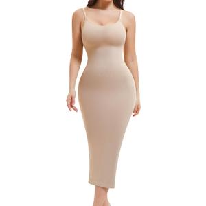 Shapewear Slip Dress for Women, Full Slip Under Dress Tummy Control Body Shaper Long Cami Dress Slimming (US, Alpha, Medium, Regular, Regular, Beige)