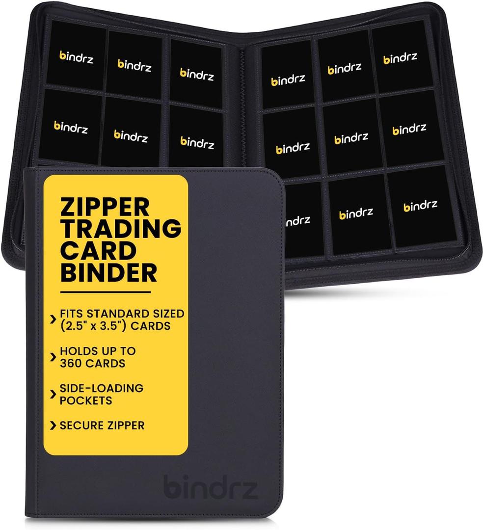 bindrz 9 Pocket Zipper Binder for 360 Sleeved Trading Cards - Side Loading Pockets Album - Archival Safe Material and Compatible with TCG MTG and Sports Collectibles (Black)