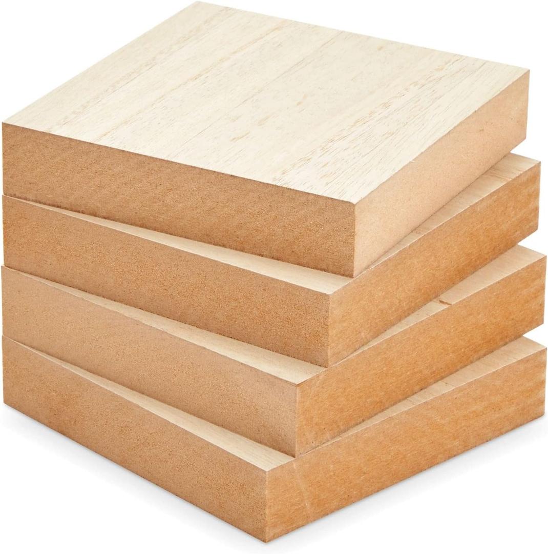Bright Creations 4 Pack of Unfinished Wood Blocks for Crafting, Wall Decorations, MDF Wooden Squares 1 Inch Thick for DIY Projects, Art Classes, Photo Blocks, Painting (5x5 Inches) (Square 5x5in)