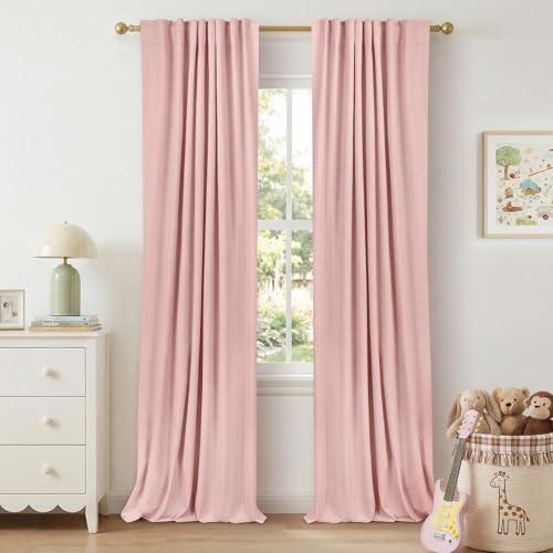 100% Blackout Shield Linen Blackout Curtains for Bedroom 84 Inches Long, Back Tab/Rod Pocket Living Room Drapes, Thermal Insulated Blackout Curtains 2 Panels Set, 50" W x 84" L, Baby Pink