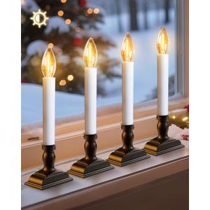 otnofok Window Candles with Sensor Dusk to Dawn Electric Corded, 9.6'' Plug-in LED Window Candle Lights with Black Holder and 6ft Cord, Christmas Candles for Windows Decoration, UL Listed, 4 Pack
