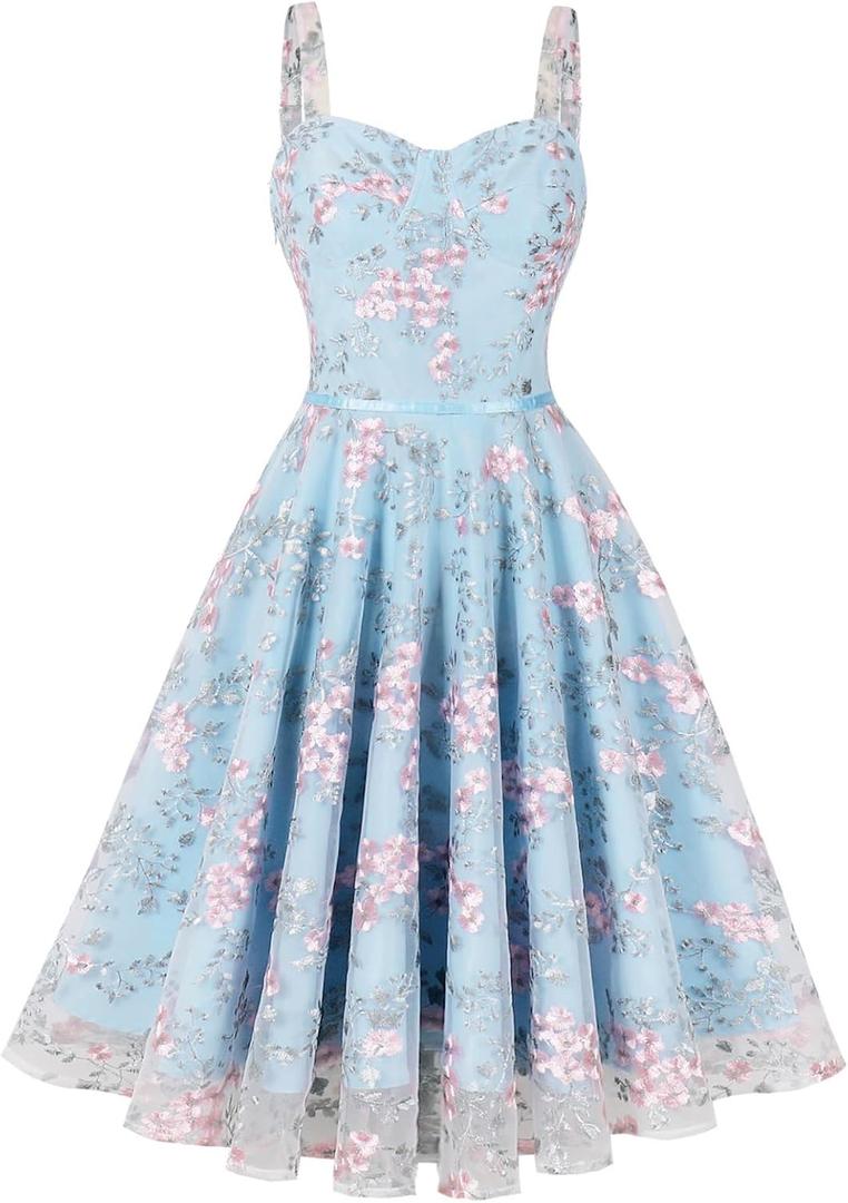 IWEMEK Women Spaghetti Strap Floral Lace Bridesmaid Cocktail Party Dress Cold Shoulder Ruffle Sleeve Wedding Guest Prom Dress (X-Large, Light Blue)