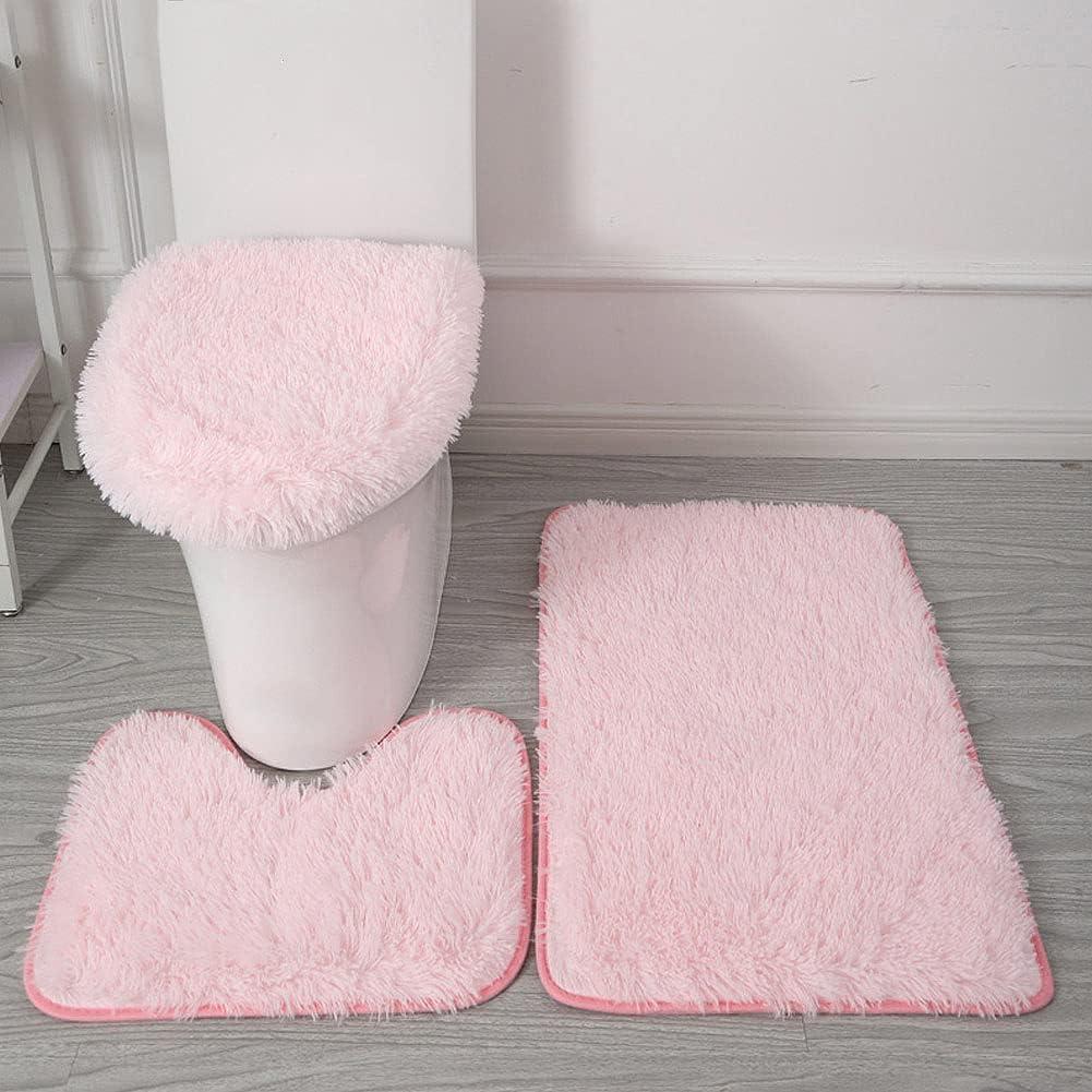 Microfiber Bathroom Rug Sets 3 Piece, Non Slip Contour Mat Toilet Lid Cover and Bath Rug Mats Shower Mats for Bathroom Tub Toilet (Pink)