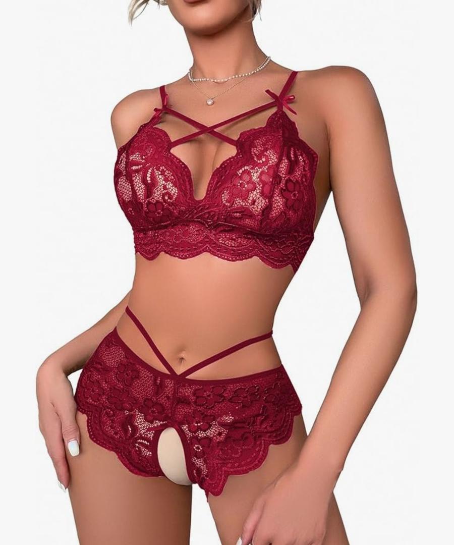 Lilosy Sexy Crotchless Strappy Women Floral Lace High Waist Pajamas Lingerie Set,S