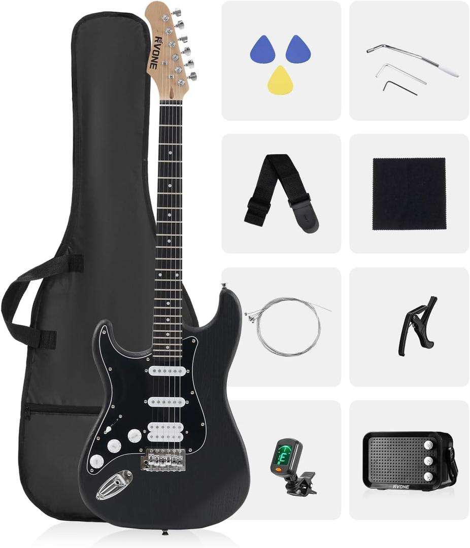 RVONE RST-150 39-Inch Left-Handed Electric Guitar Kit, HSS, Amp, Black