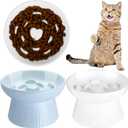 Tioncy 2 Pcs Raised Cat Slow Feeder Bowl Ceramic Elevated Cat Dog Food Bowl No Spill High Edge for Dry Wet Food and Water Easy to Clean, Dishwasher Safe (White, Blue)