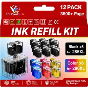 PG-285XL CL-286XL Ink Refill Kit for Canon 285XL 286XL Ink Cartridges Compatible for Canon 285 286 PG-285 CL-286 XL Work with Pixma TS7720 TS7722 TR7820 Printer Ink (12-Pack, 6BK/2C/2M/2Y)