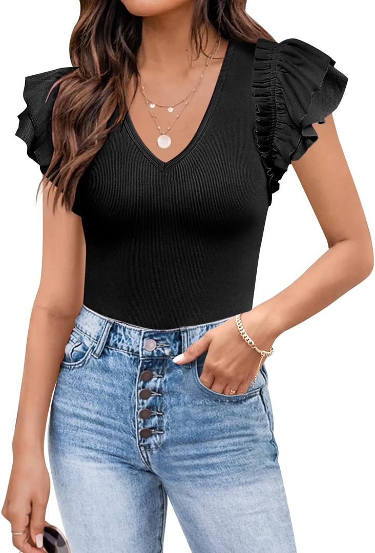 DOROSE Womens Summer Tops Sexy V Neck Casual Ruffle Short Sleeve Shirts Blouses (XXLarge, Black) DOROSE Womens Summer Tops Sexy V Neck Casual Ruffle Short Sleeve Shirts Blouses (XXLarge, Black)