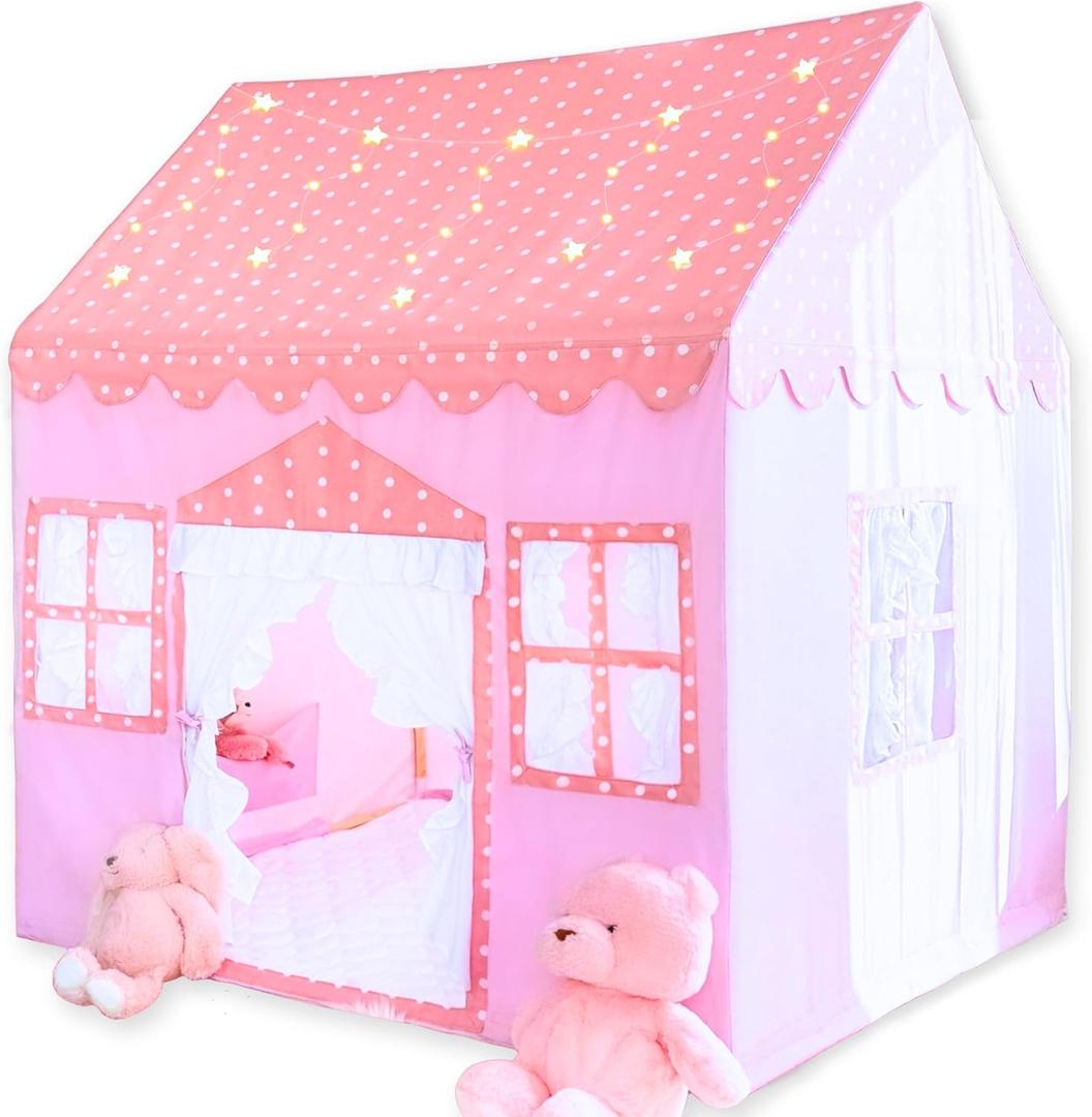 Large Cotton Tent for Kids - 50"x43"x63" Indoor Playhouse with Wooden Frame & Battery Lights, Kids Tent with Carry Bag, 3 Windows & 2 Pockets, CPSC Certified Play House for Girls and Boys (Large, Pink)