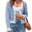 Saodimallsu Womens Checkered Cardigan Sweaters Striped Cropped Button Fall Trendy Open Front Knit Sweater Coats Blue M