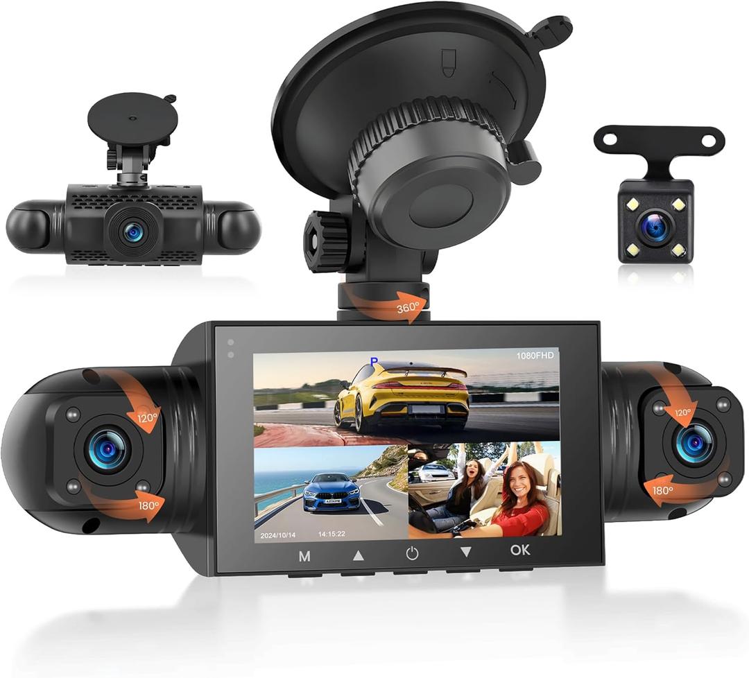 360 Degree View 4 Channel Dash Cam Front and Rear Inside Left Right, Dash Camera for Cars, Built-in Night Vision, 24/7 Recording Parking Mode Monitor