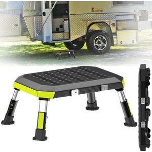 AUH RV StepsAdjustable Height Foldable Step Stool with Non-Slip Rubber Feet Aluminum RV Step, Stable Camper Steps Portable Handle, Reflective Tapes, Easy to Carry Supports Up to 1000lbs (Black)