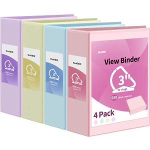 SUNEE 3 Ring Binder 3 Inch D Ring, Clear View PVC-Free (Fit 8.5x11 Inches) for School or Office Supplies, Assorted Pastel, 4 Pack (pastel Assortment)