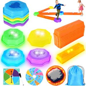 Stepping Stones for Kids, Light Up Interlocking Balance Beam and Non-Slip Toddler Balance Stones, Obstacle Course Sensory Toys with Game Spinner and Card for Indoor Outdoor School Family Play