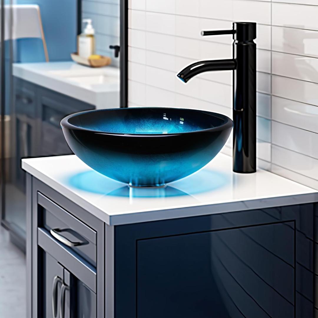 Vessel Sink 12" Bathroom Sinks Tempered Glass Blue Art Basin Round Bowl with Faucet Combo, Blue