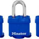 Master Lock 312TRI Laminated Padlock with Key & Thermoplastic Shell, Blue, Pack of 3 Keyed-Alike, 1-9/16-inch