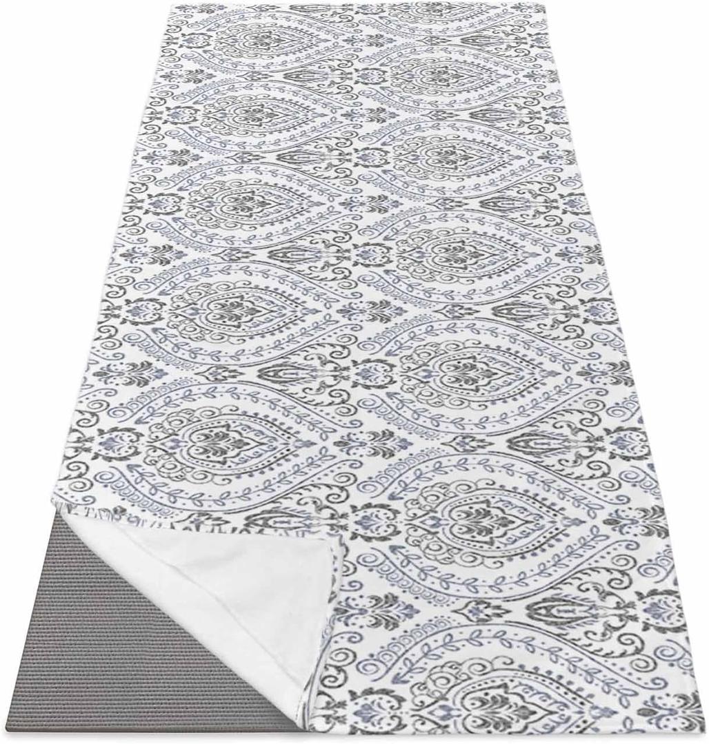 Yoga Mat Towel with Corner Pockets, Grey Boho Microfiber Hot Yoga Mat Towel for Women & Men, Modern Geometric Abstract Art Non Slip Yoga Towel for Pilates, Fitness, 26"x70" (White)