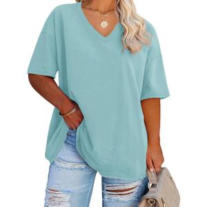 Women's Plus Size V Neck T Shirts Summer Half Sleeve Tees Casual Loose Fit Cotton Tunic Tops (XX-Large) Light Blue 