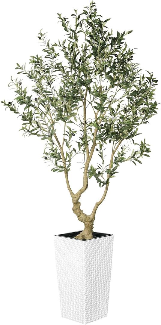 Olive Tree 7 Feet - Olive Trees Artificial Indoor with White Tall and Large Planter - Faux Olive Tree 7ft with Natural Wood Trunk and Lifelike Fruits for Home House Office Decor