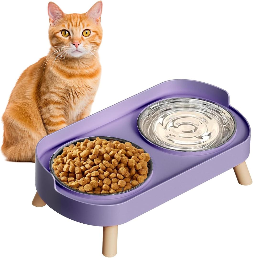 Elevated Cat Bowl, Raised Cat Food and Water Bowl Set for Indoor Cats, Splash Proof with 3 Stainless Steel Pet Food Bowls for Cats and Puppies, Whisker Fatigue and Dishwasher Safe - Purple