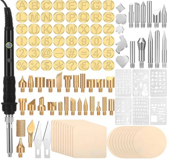 Lothee 136 Pieces Wood Burning Kit Wood Burning Tools Set Wood Burner Tips Adjustable Temperature Pen Stencils with Wood Chips for Wood Burner DIY Embossing Carving Crafts