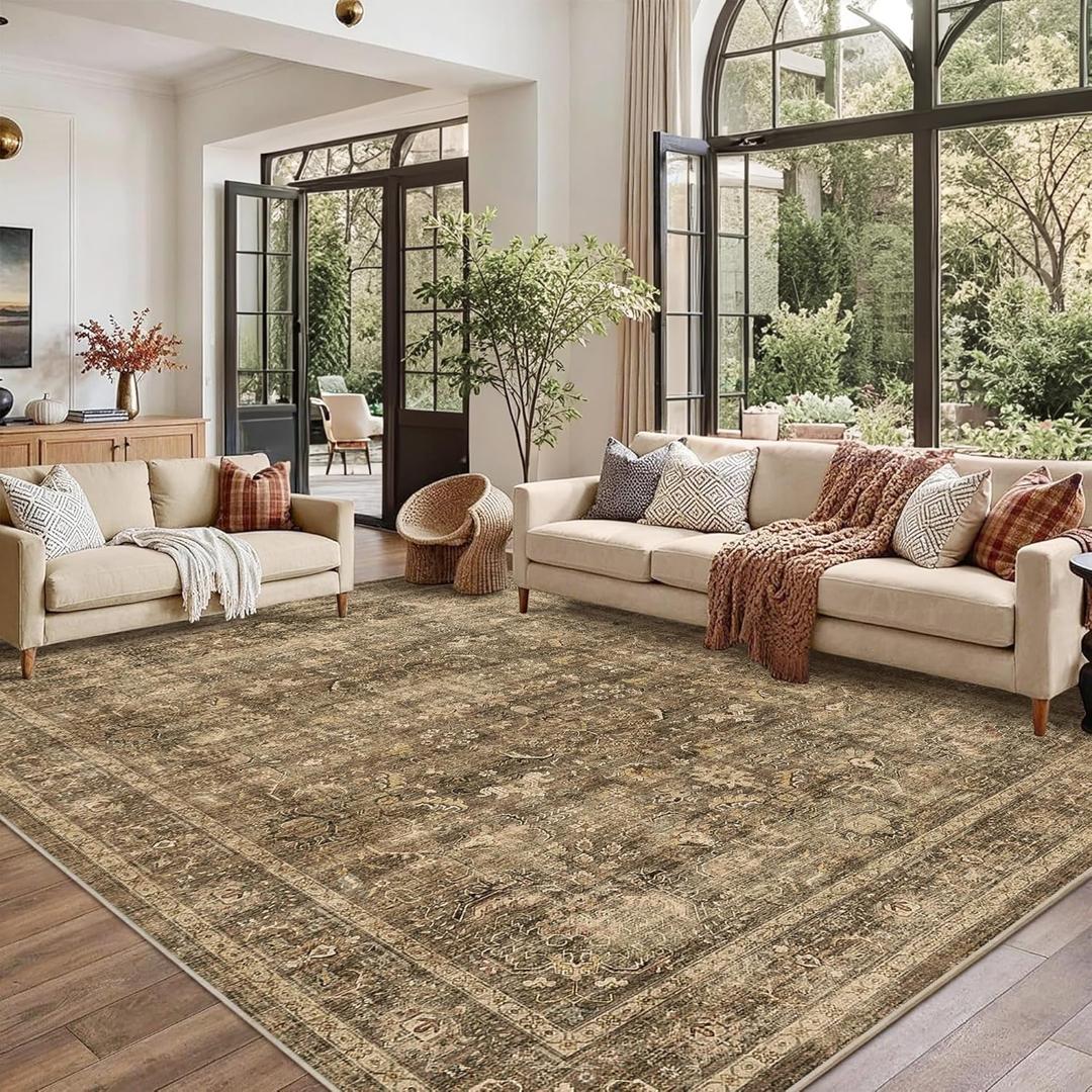 9x12 Washable Living Room Area Rug Non-Slip Retro Brown Large Carpet