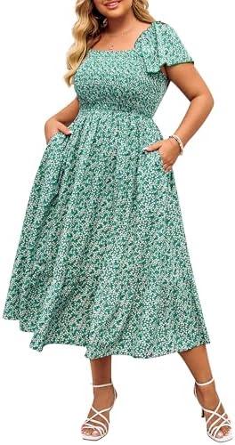 Hanna Nikole Women's Plus Size Summer Maxi Dress Short Sleeve Smocked Square Neck Casual Floral Flowy Dresses with Pockets 24W