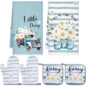 Bencailor 6 Pcs Spring Kitchen Decor Sunflower Pot Holders and Oven Mitts Sets Yellow Kitchen Towel 2 Farmhouse Cooking Mittens for Cooking Grilling Supply Accessories(Blue, White,Daisy)
