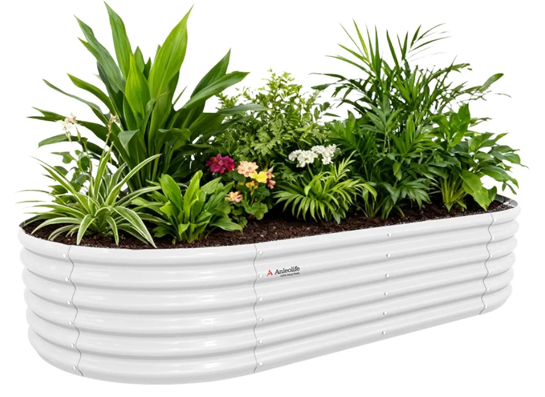 A ANLEOLIFE 8X4X1.5 ft Galvanized Raised Garden Beds Outdoor, Oval Large Metal Planter Box for Planting Vegetables Flowers Herb, Anti-Rust & Easy-Setup, Antique White