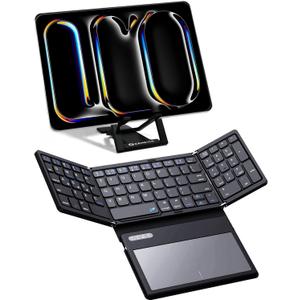 ZenRich Foldable Bluetooth Keyboard with [Stand Holder][Large Touchpad] [Numeric Keypad], Travel Pocket-Sized Keyboard for iPad Windows iOS Android Mac Laptop Tablet Smartphone, Black