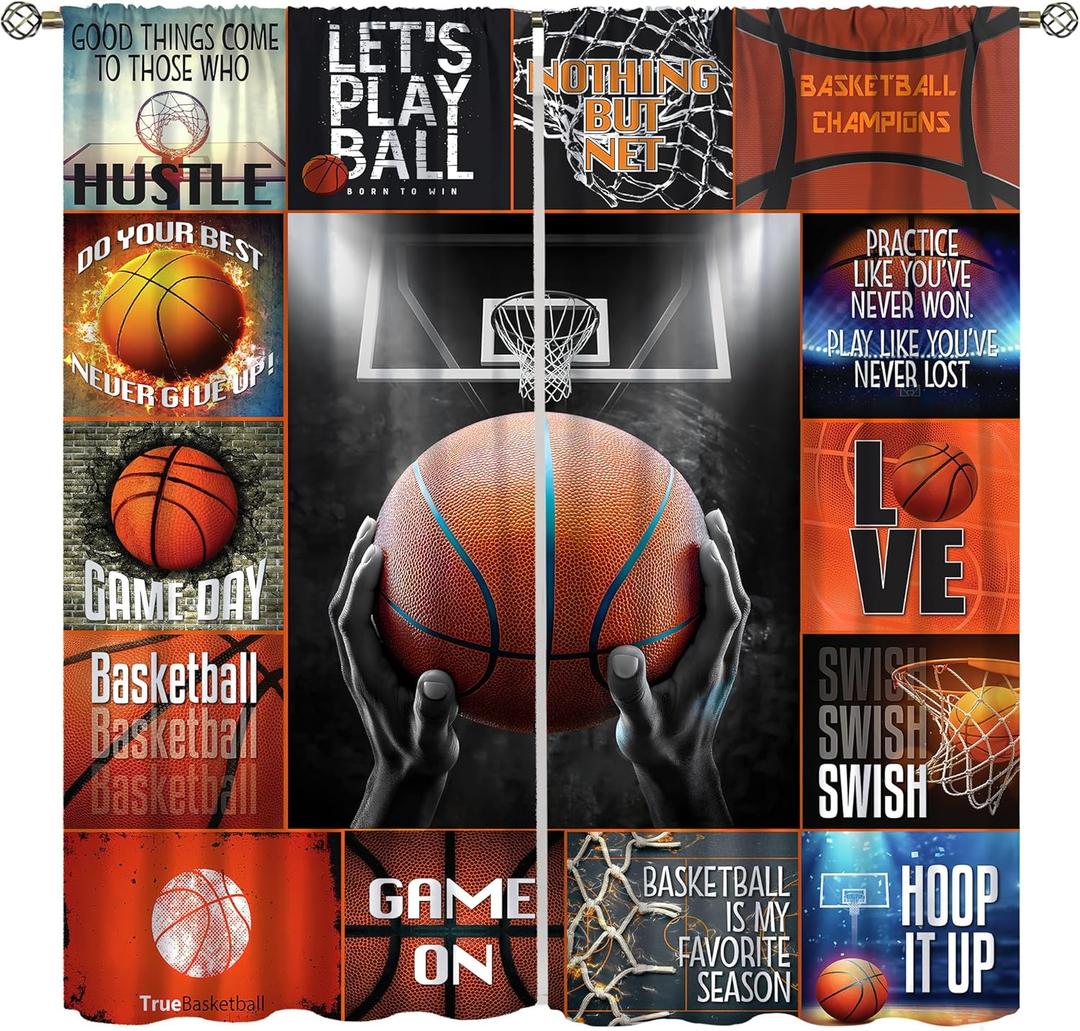 Basketball Curtains, Cartoon Sports Match Flame Basketball Poster Shooting Blackout Window Treatments Drapes for Kids Boys Adolescents Bedroom Bathroom 42x45inBlackout (Style)