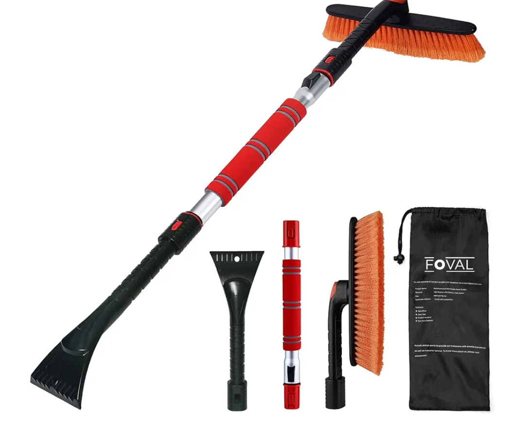 FOVAL 47.2" Extendable Snow Brush and Wider Ice Scraper (4.73" Width) with 360° Pivoting Brush Head, Snow Removal Tool Car Brush with Comfortable Foam Grip for Car Windshield, Trucks, SUVs
