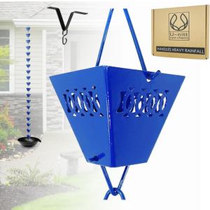 U-nitt Rain Chain Water Collection for Gutters Rainwater Catcher & Diverter, 8.5 FT Chains for Outside Garden, Blue Square Cups, Roof Downspout, Works with Heavy Rain, w/Gutter Clip for Rainchains