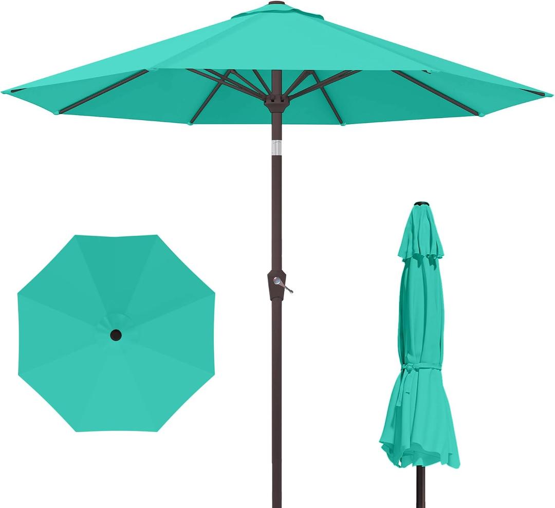 Kingdura 9FT Outdoor Patio Umbrella, Round Market Table Umbrella with Push‑Button Tilt and Crank Lift, 8 Sturdy Metal Ribs, UV50+ Protection Canopy for Backyard, Lawn, Deck, Poolside, Garden (Tiffany blue)