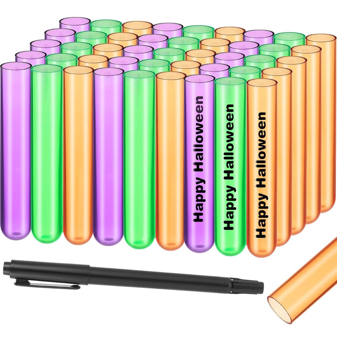 45 Pcs Halloween Plastic Test Tubes Set Green Purple Orange Plastic Shot Tubes for Liquor Candy 16 x 100 mm 13 ml with Black Marker Without Lids for Party Supplies Science Experiments