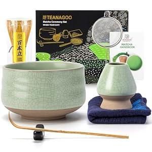 TEANAGOO Matcha Whisk Set Green, 7 Pcs Matcha Set, Matcha Kit for Ceremony, Matcha Tea Set for Making Breakfast/ Latte, Whisk Set and Ceramic Bowl with All Accessories, Gift for Family/ Friend