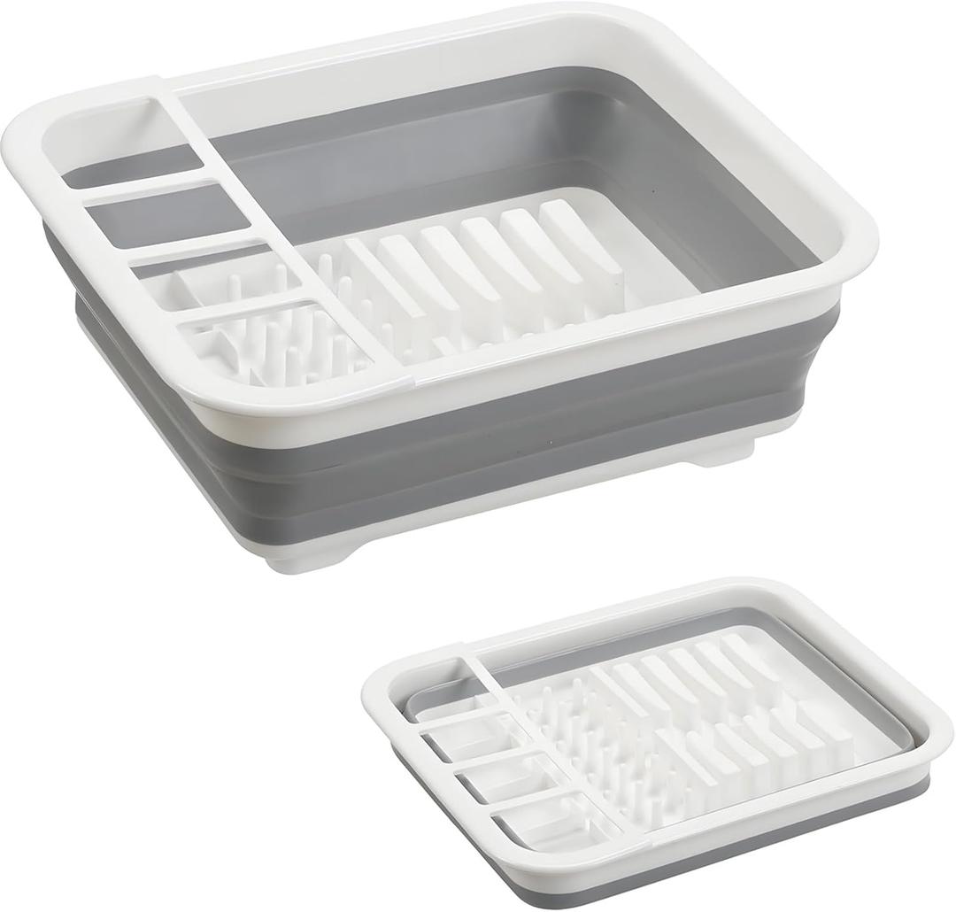 Collapsible Dish Drying Rack, Foldable Dinnerware Drainer Organizer for Storage Kitchen Counter RV Accessories Portable Rack Holders for Dishes Plates and Cups Camping Travelling Space Saver Essential (Gray)