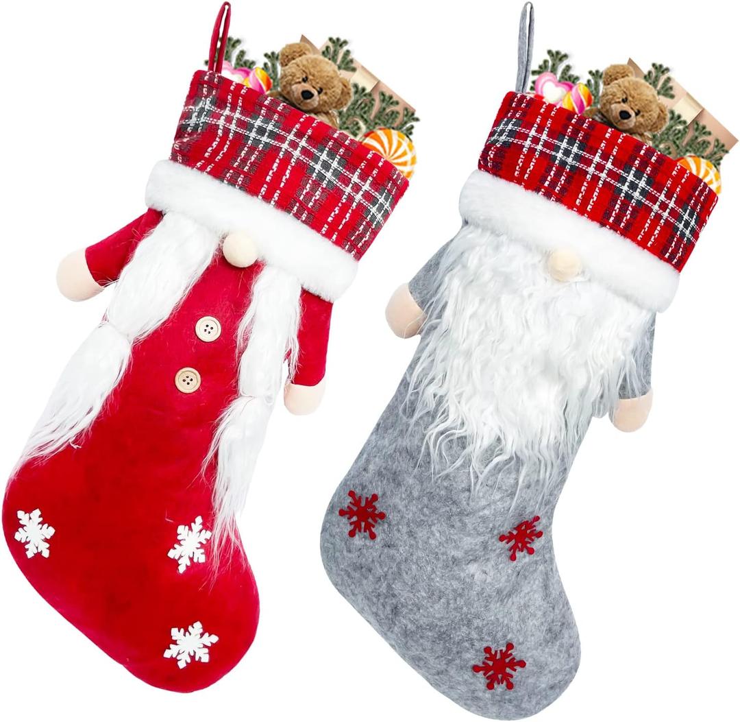Meajore 2 Pcs Christmas Stockings New Set, Personalized (18inch) Christmas Stockings 3D Gnomes Santa Soft Classic Red and Grey Fireplace Hanging for Family Holiday Xmas Party Decorations